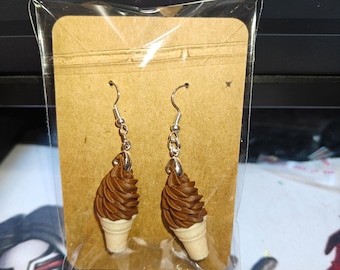 May include: A pair of dangle earrings featuring miniature chocolate soft-serve ice cream cones with swirled brown tops and light tan waffle cones. The earrings are attached to a rectangular brown cardboard display card inside a clear plastic sleeve.