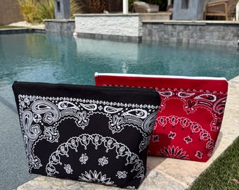 Large Bandana Zipper Pouch | Handmade Oversized Cosmetic Bag | Travel Toiletry Bag | Makeup Organizer