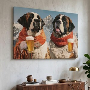 Saint Bernard Beer Canvas Print, Funny Dog Wall Art, Alpine Mountain Bar Decor, Rustic Winter Ski Lodge Poster, Man Cave Wall Hanging