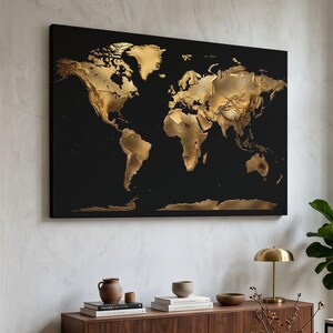Guldfärgad världskarta, kanvastavla, lyxig kontorsinredning, modern metallisk väggkonst, mörk global karta, elegant heminredning, konst för executive-rum