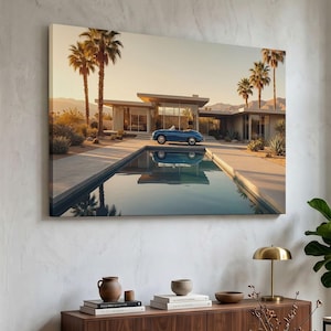 Canvastavla i modernt hem mitt i århundradet, arkitekturväggkonst i Palm Springs, klassisk blå bildekor, retro väggdekor i ökenlandskap