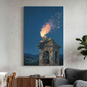 May include: A vertical canvas print depicting a figure with a head engulfed in bright orange and yellow flames, sitting atop a weathered stone bell tower. The scene is set against a deep blue twilight sky, with a dark, forested landscape below.