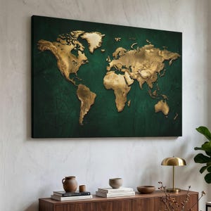 Gold World Map Canvas Print, Luxury Executive Office Decor, Dark Green Wall Art, Modern Globe Print, Vintage Style Travel Art, Home Decor