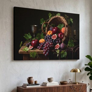 Moody Fruit Still Life Canvas Print, Vintage Kitchen Wall Art, Dark Baroque Decor, Dutch Classical Food Artwork, Dining Room Wall Decor