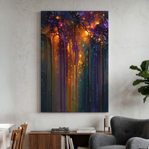 May include: A rectangular canvas wall art piece featuring an abstract fluid pour painting. The composition displays vertical drips of vibrant purple, deep blue, and bright orange paint, creating a glowing, cosmic effect with scattered light spots.
