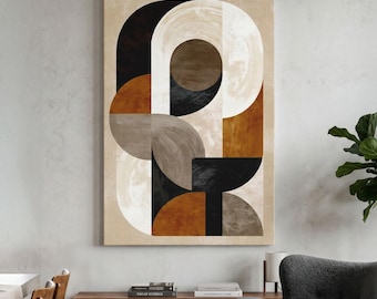 May include: A rectangular wall art piece featuring an abstract composition of geometric shapes including circles, semi-circles, and arches. The color palette consists of earthy tones such as deep black, warm brown, soft beige, and muted gray.