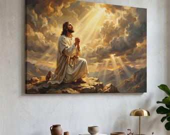 Jesus Praying Canvas Print, Religious Wall Art, Christian Home Decor, Spiritual Mountain Landscape, Faith Inspiration, Gold Light Decor