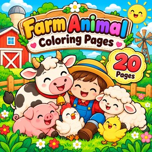 May include: A digital illustration titled Farm Animal Coloring Pages featuring a smiling child in a straw hat and blue overalls surrounded by a cow, pig, chicken, sheep, and chick. The scene includes a red barn, windmill, and 20 Pages text.
