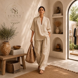 Women's Linen Matching Set, V Neck Top & Wide Leg Pants, Relaxed Resort Wear, Vacation Outfit