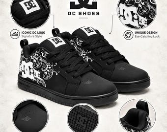 May include: Black DC Shoes sneakers featuring a white DC logo on the tongue and side, complemented by a white swirling graphic pattern. The footwear includes black laces, a padded collar, and a textured rubber outsole with a DC logo imprint.