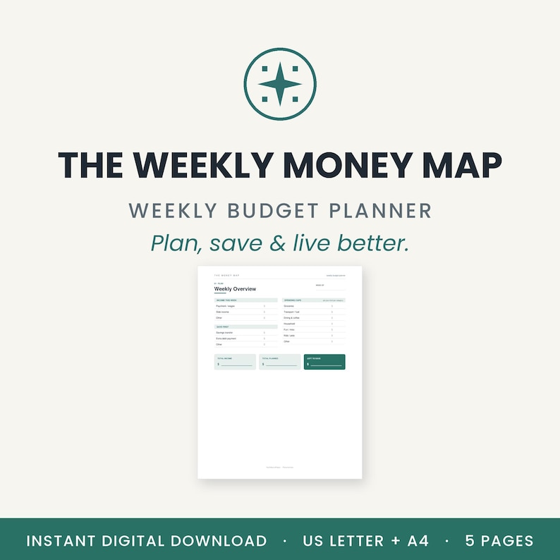 The Weekly Money Map | Weekly Budget Planner Printable, Daily Spending Tracker, Bill & Savings Tracker, US Letter + A4, Instant Download image 1
