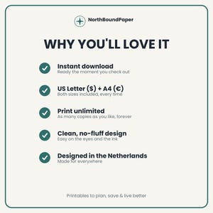 May include: A white informational graphic with dark text titled WHY YOU'LL LOVE IT. It lists features including instant download, US Letter and A4 sizes, unlimited printing, clean design, and Dutch origin, featuring the NorthBoundPaper logo.