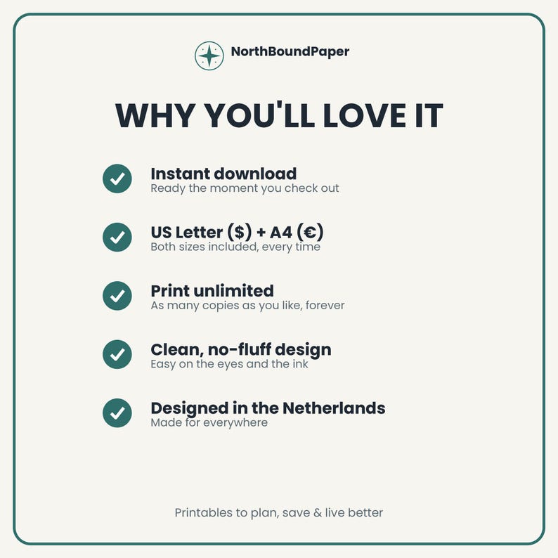 May include: A white informational graphic with dark text titled WHY YOU'LL LOVE IT. It lists features including instant download, US Letter and A4 sizes, unlimited printing, clean design, and Dutch origin, featuring the NorthBoundPaper logo.
