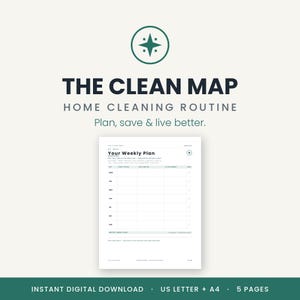 May include: A digital home cleaning routine planner titled The Clean Map with a dark green compass icon. The document features a weekly plan grid with columns for daily tasks, to-do lists, and checkboxes. Text includes Plan, save & live better.