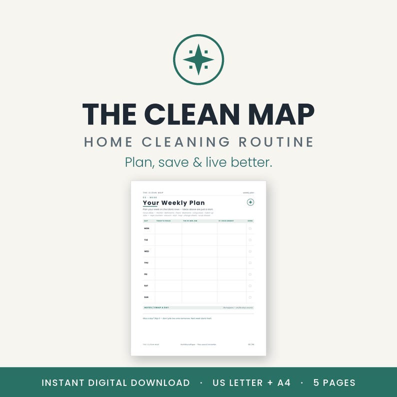May include: A digital home cleaning routine planner titled The Clean Map with a dark green compass icon. The document features a weekly plan grid with columns for daily tasks, to-do lists, and checkboxes. Text includes Plan, save & live better.