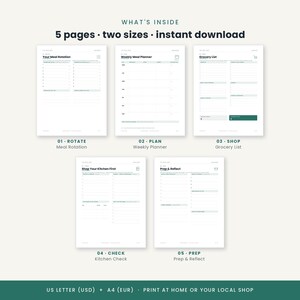 May include: A digital meal planning set featuring five pages titled Your Meal Rotation, Weekly Meal Planner, Grocery List, Shop Your Kitchen First, and Prep & Reflect. The white pages include dark text and green accents, available in US Letter size.