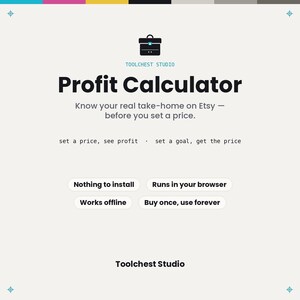Op de afbeelding: Een digitale winstcalculator-interface voor Etsy-verkopers door Toolchest Studio. De tekst luidt: Profit Calculator, Know your real take-home on Etsy, set a price, see profit, set a goal, get the price, Nothing to install, Runs in your browser, Works offline, Buy once, use forever.
