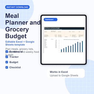 Puede incluir: Una plantilla digital de planificador de comidas y presupuesto de comestibles para Excel y Google Sheets. La interfaz muestra un panel con un gráfico de barras, categorías de presupuesto y seguimiento de gastos. El texto incluye 'Meal Planner and Grocery Budget', 'Dashboard', 'Tracker', 'Budget', 'Checklist' y 'Works in Excel'.