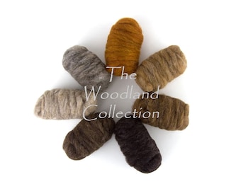 May include: An overhead shot of eight rolls of wool roving in various earthy tones, arranged in a circular pattern. The colors range from light beige to dark brown, with a golden-yellow center. The text "The Woodland Collection" is visible.