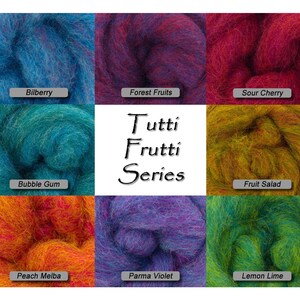 May include: A colorful assortment of wool roving in the Tutti Frutti Series. The image displays nine vibrant colors, including Bilberry, Forest Fruits, Sour Cherry, Bubble Gum, Fruit Salad, Peach Melba, Parma Violet, and Lemon Lime. Each color is labeled.