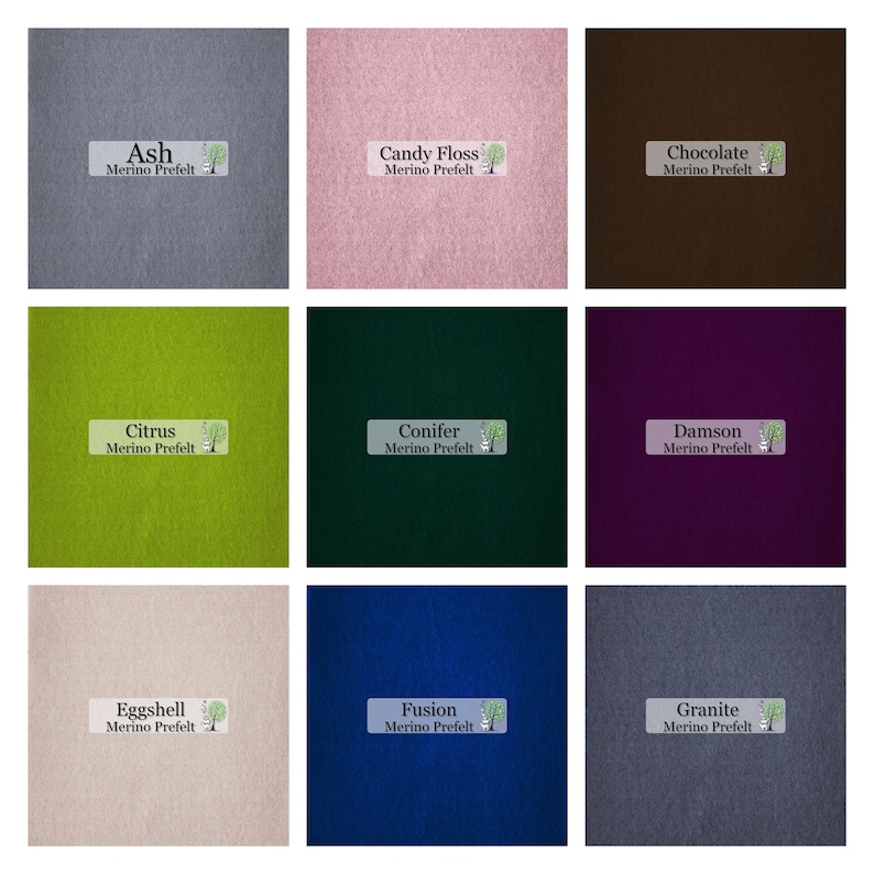 May include: Nine squares of merino wool prefelt in various colors. Colors include ash, candy floss, chocolate, citrus, conifer, damson, eggshell, fusion, and granite. Each square has a label with the color name and "Merino Prefelt".