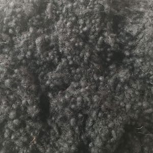 May include: Close-up of a dark gray, textured fabric with a dense, looped pile. The material has a soft, plush appearance, with visible variations in texture and tone. The fabric appears to be a type of faux fur or fleece.