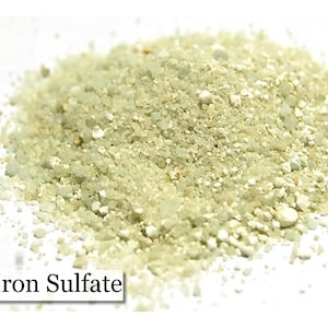May include: A close-up of a pile of granular iron sulfate. The granules are a mix of off-white, pale green, and tan colors. The text "Iron Sulfate" is displayed in a white box at the bottom of the image.