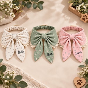 May include: Three fabric pet collars with large bows and lace trim. The left collar is cream with brown dots and the name Bella. The center collar is sage green with white flowers and the name Max. The right collar is pink with brown dots and the name Luna.