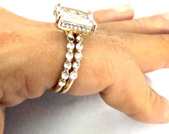 2PC Gold Tone Square Cubic Zirconia Cocktail Ring, Princess Cut Statement Ring, US Size