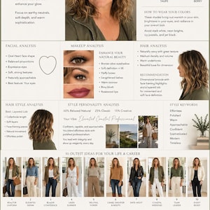 Pode incluir: Uma infografia de análise de coloração pessoal para Soft Autumn, com um retrato de uma pessoa de cabelo ondulado e óculos, paletas de cores, análises facial, capilar e de maquilhagem, análise de estilo e dez ideias de looks para a vida.