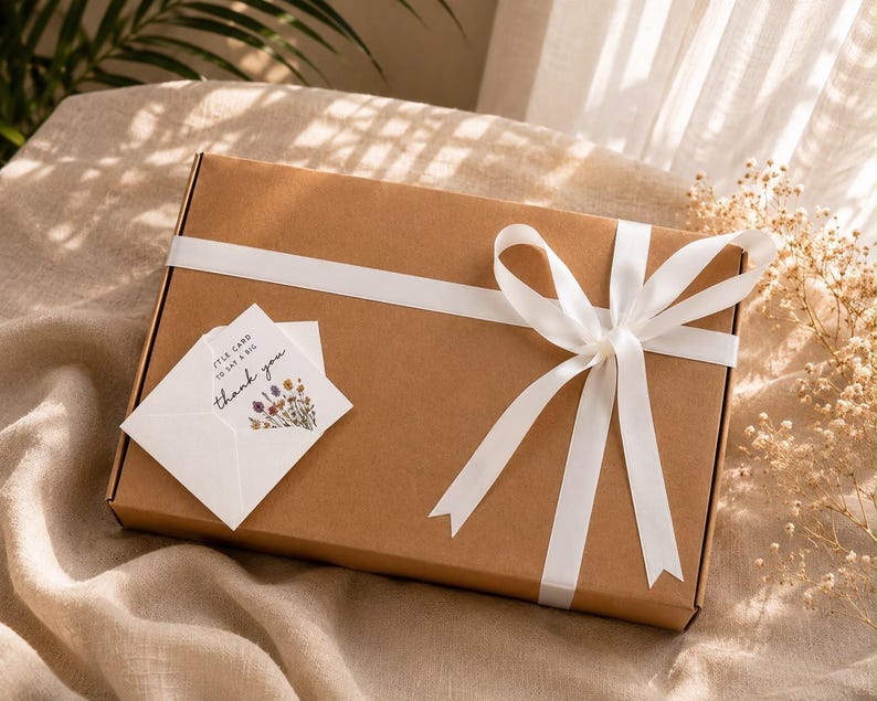 Puede incluir: Una caja de regalo rectangular de cart&oacute;n marr&oacute;n envuelta con una cinta de sat&eacute;n blanca atada en un lazo. Un peque&ntilde;o sobre blanco est&aacute; metido bajo la cinta, con una ilustraci&oacute;n de flores silvestres y el texto, "A little card to say a big thank you."