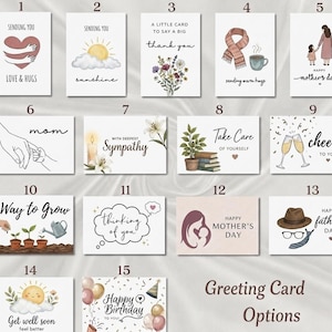 Puede incluir: Una colecci&oacute;n de quince tarjetas de felicitaci&oacute;n rectangulares con diversas ilustraciones y textos, incluyendo temas para cumplea&ntilde;os, D&iacute;a de la Madre, D&iacute;a del Padre, condolencias y &aacute;nimo, dispuestas en una cuadr&iacute;cula con etiquetas numeradas.