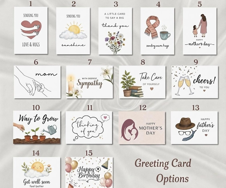 Puede incluir: Una colecci&oacute;n de quince tarjetas de felicitaci&oacute;n rectangulares con diversas ilustraciones y textos, incluyendo temas para cumplea&ntilde;os, D&iacute;a de la Madre, D&iacute;a del Padre, condolencias y &aacute;nimo, dispuestas en una cuadr&iacute;cula con etiquetas numeradas.