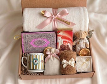 Caja de regalo Hygee, Caja Pensando en ti, Paquete de cuidado acogedor, Cesta de autocuidado, Caja de regalo con manta, Cesta de regalo elegante para mujeres, Que te mejores pronto