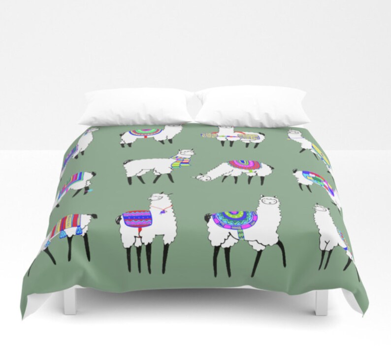 Alpaca Print Duvet Cover Set Green White Custom Bedding Image 0