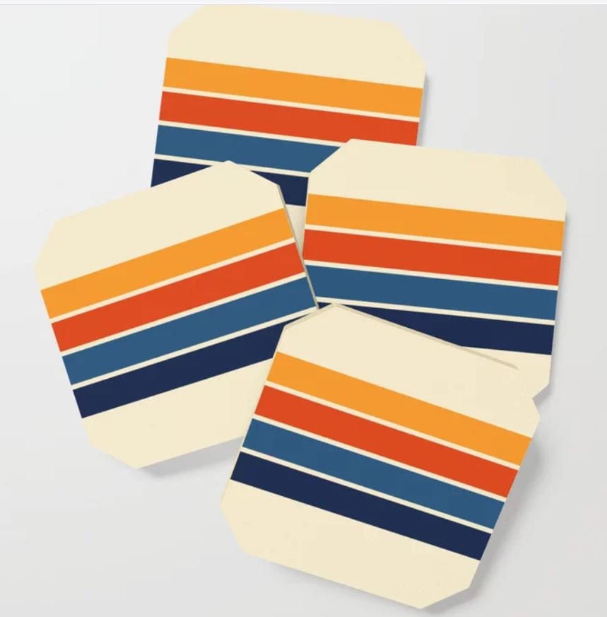Ensemble de 4 Sous-Verres en Bois | Stripe Coasters Des Années 1970 Rouge, Orange, Bleu Modern Vibe 