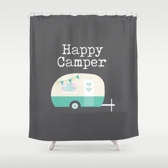 Happy Camper Art Printed Shower Curtain Charcoal Shower Etsy