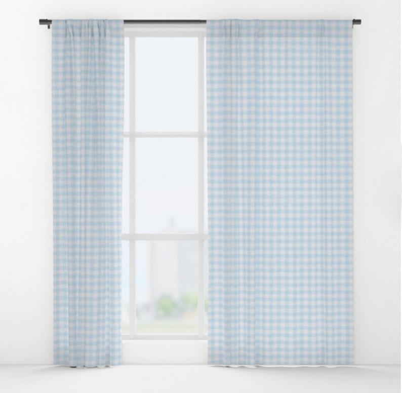 Baby Blue Gingham Window Curtain Rod Pocket Panel Image 0