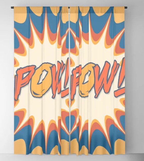 Comic Book Art Window Curtains Blue Orange Gold Pow Comic Book Art Window Curtains Blue, Comic Book Curtains
