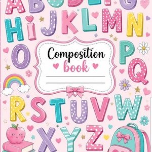 May include: A composition book cover featuring a light pink background with a colorful alphabet in various patterns, including polka dots and stripes. The center displays a white label with the text Composition book, surrounded by hearts, stars, flowers, a rainbow, a stack of three books with a smiling apple, and a backpack.