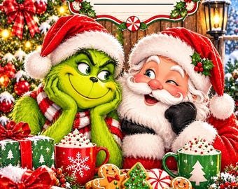 Puede incluir: Una portada de cuaderno de composición con un personaje verde y Santa Claus con gorros rojos, tazas de chocolate caliente, galletas de jengibre y regalos. La etiqueta superior dice COMPOSITION NOTEBOOK con líneas en blanco.