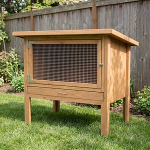 May include: A light brown wooden hutch featuring a slanted roof, a rectangular front door with a fine metal wire mesh screen, silver-toned metal hinges, and a pull-out drawer at the base with a small silver handle, standing on four legs.