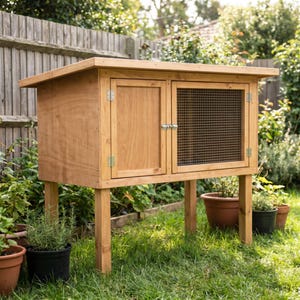 May include: A wooden hutch with a slanted roof, featuring two front doors. One door is solid wood, while the other is covered with a fine metal wire mesh. The structure is elevated on four sturdy wooden legs and includes silver metal hinges.
