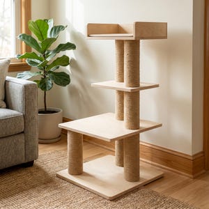 May include: A multi-level cat tree constructed from light-colored wood with four vertical support posts wrapped in thick, natural-toned sisal rope. The structure features three square platforms and a top perch with a cushioned base.
