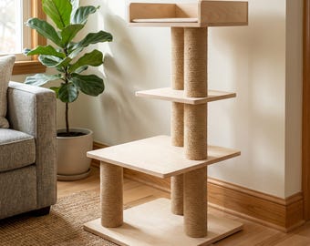 Plan d'arbre à chat PDF, plans de menuiserie modernes en bois pour tour à chat, arbre à chat en sisal à monter soi-même avec perchoirs, téléchargement instantané
