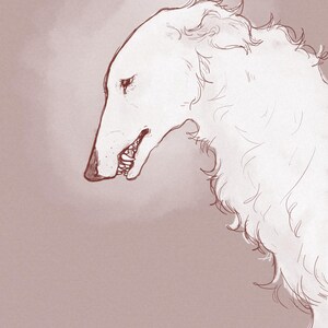 Könnte beinhalten: Eine digitale Strichzeichnung eines Borzoi-Hundes im Profil. Der Hund hat langes, zotteliges weißes Fell, eine schlanke Schnauze und eine dunkle Nase. Die Zeichnung ist mit einer rotbraunen Kontur auf einem weichen, gedeckten malvenfarbenen Hintergrund.