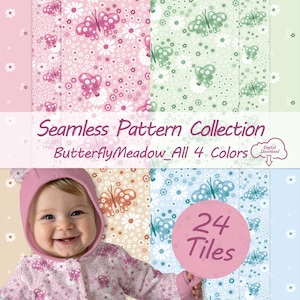 Könnte beinhalten: Eine digitale Sammlung von 24 nahtlosen Mustern mit Schmetterlings- und Gänseblümchenmotiven in den Farben Rosa, Grün, Orange und Blau. Das Bild enthält den Text Seamless Pattern Collection, ButterflyMeadow_All 4 Colors und 24 Tiles.