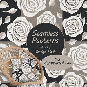 Könnte beinhalten: Ein nahtloses Musterdesign mit stilisierten weißen Rosen und Blättern auf schwarzem und grauem Hintergrund. Das Bild enthält den Text Seamless Patterns 4-in-1 Design Pack und Incl. Commercial Use, abgebildet über einem Rattanstuhl.