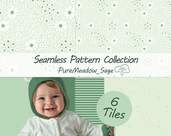 Boho Wildblumen Seamless Pattern Bundle Salbeigrün, 6x Mix Match Kinder Stoffdesign, Grünes Babyzimmer Tapete Digital, Kommerziell PNG
