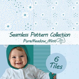 Boho Wildblumen Seamless Pattern Bundle Türkisfarben 6x Mix Match Kinder Stoffdesign Mint Babyzimmer Tapete Digital Kommerziell PNG